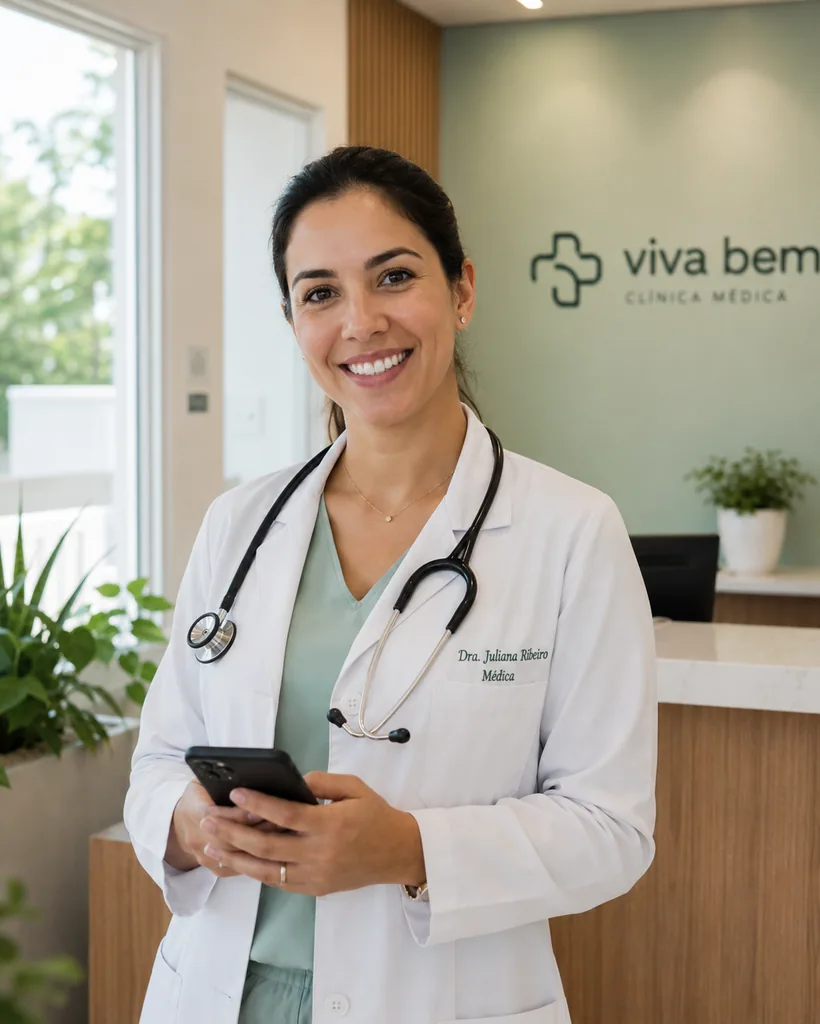 Médica sorrindo na recepção da clínica Viva Bem segurando o celular