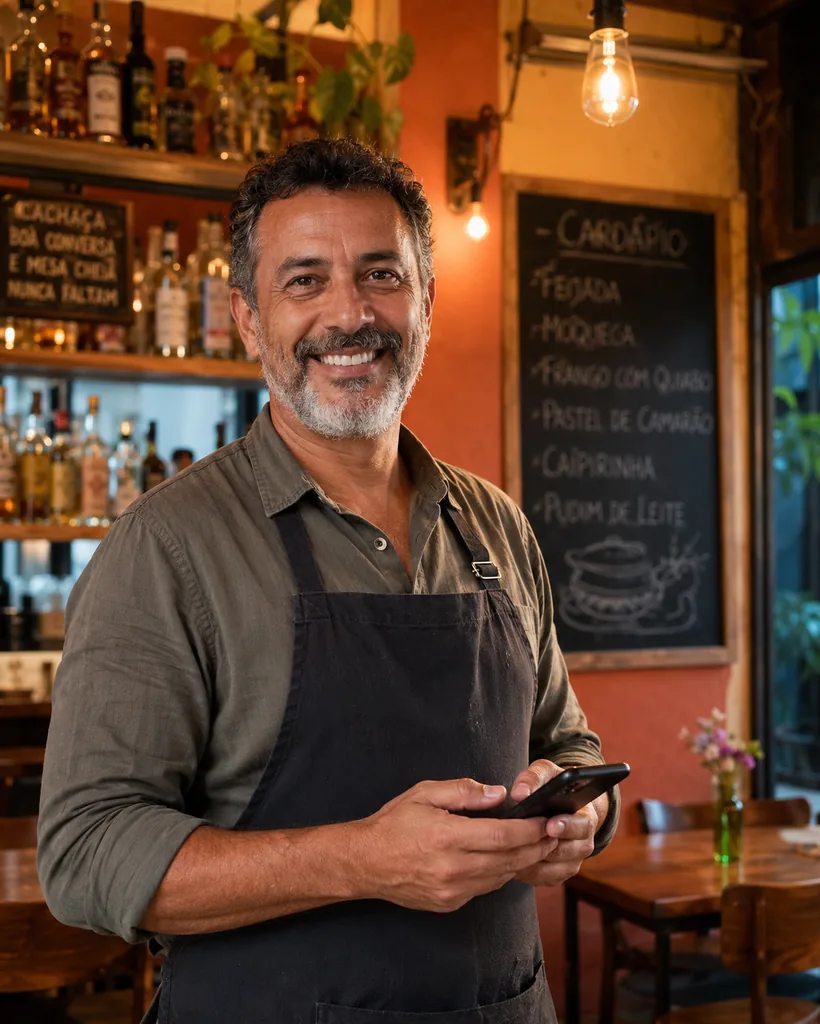 Dono de restaurante sorrindo em frente ao cardápio com o celular na mão